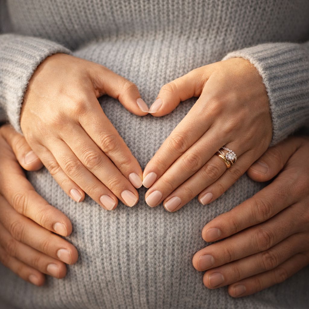 Parents' hands forming a heart on expecting mother's belly